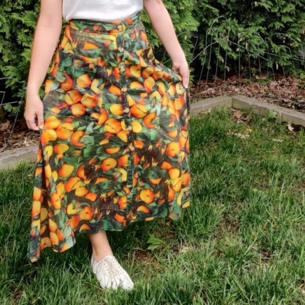 Maeve Orange & Green Fruit-Print Maxi Skirt
